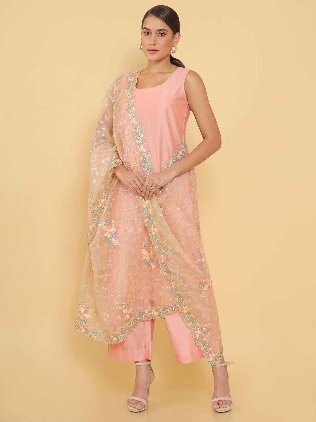 

Soch Beige & Pink Embroidered Organza Dupatta with Thread Work