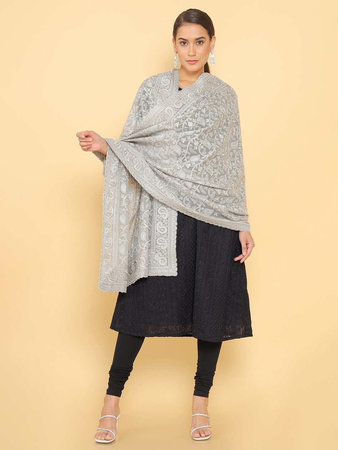 

Soch Grey & White Ethnic Motifs Embroidered Dupatta with Thread Work