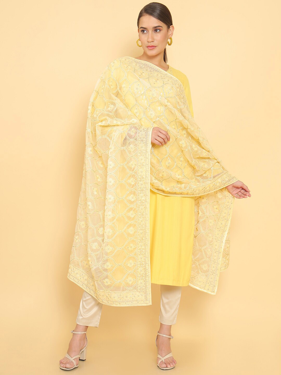 

Soch Yellow Embroidered Organza Dupatta with Thread Work