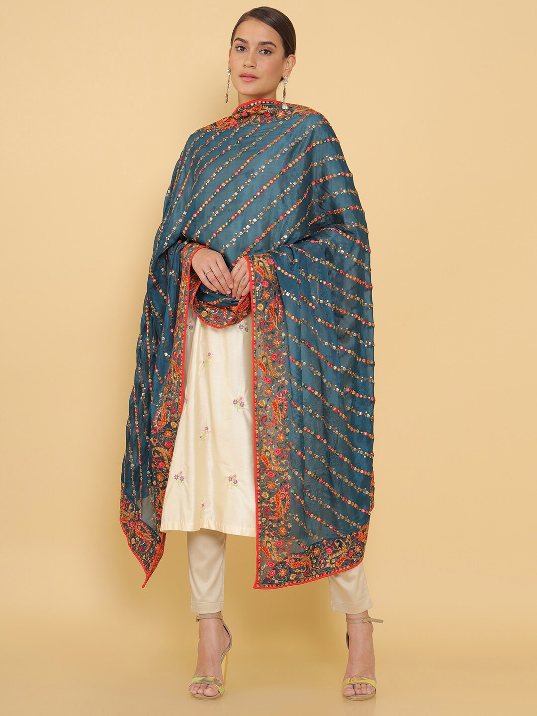 

Soch Turquoise Blue & Red Paisley Embroidered Dupatta with Thread Work