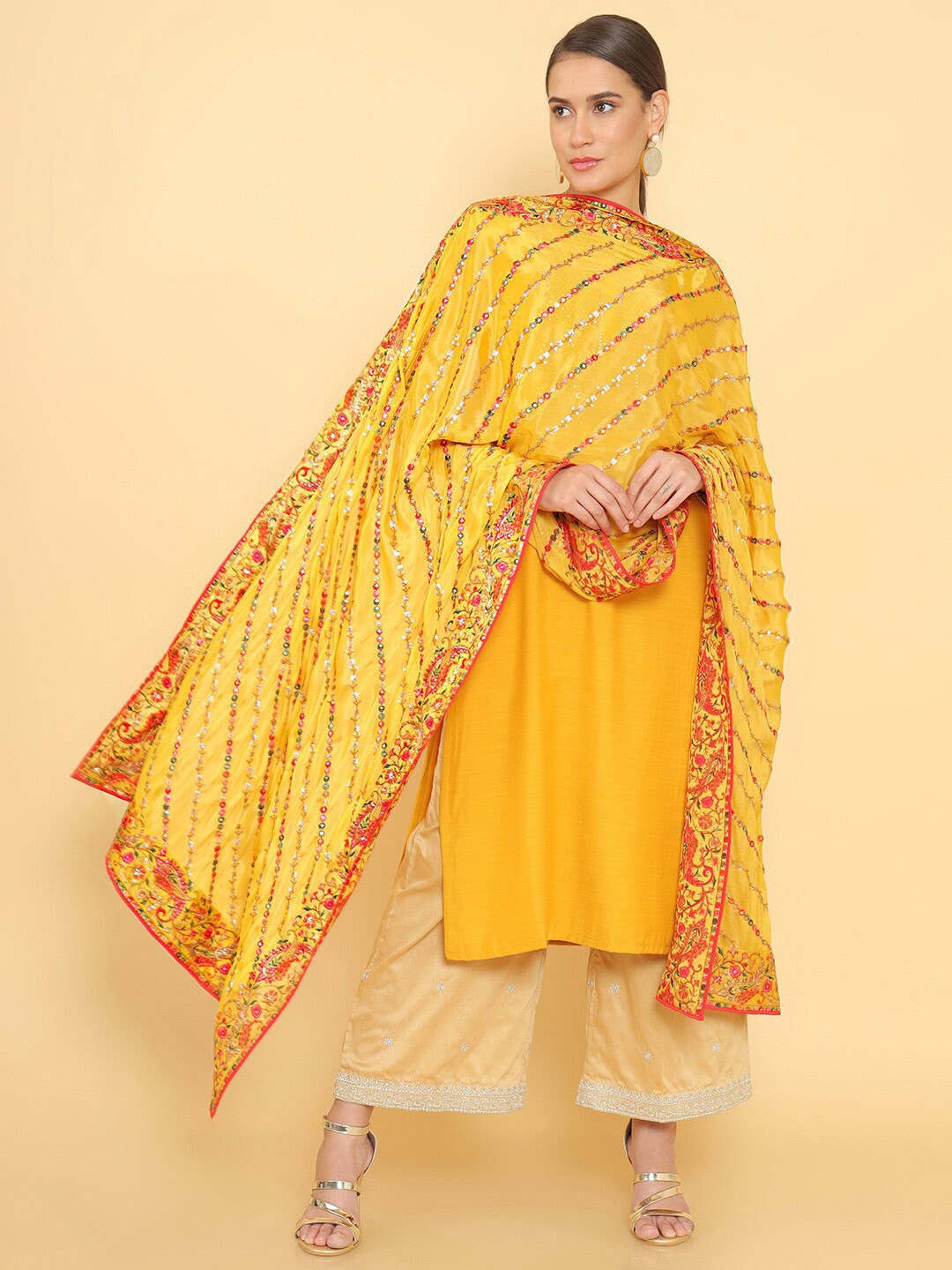 

Soch Mustard & Pink Embroidered Dupatta with Thread Work