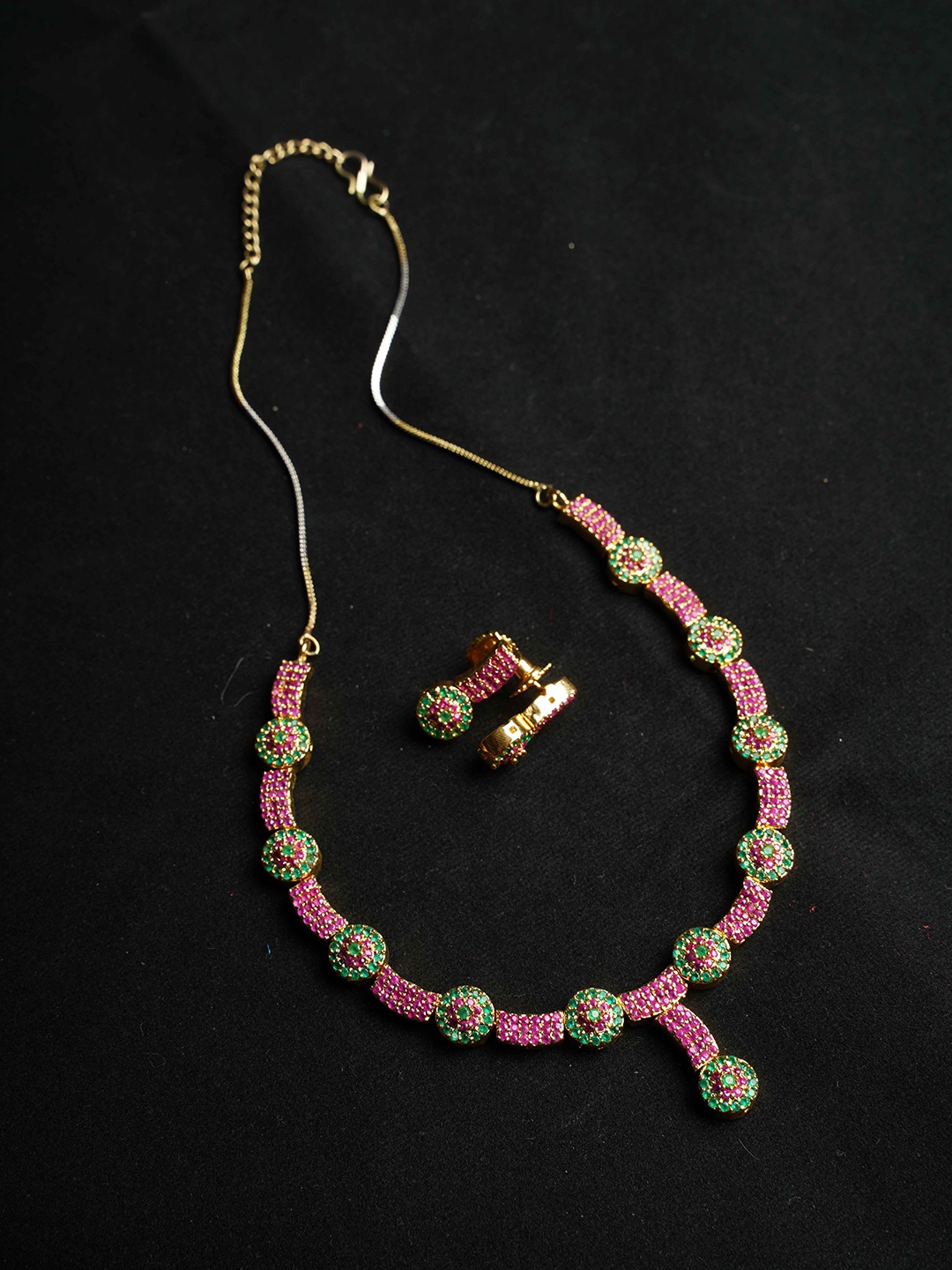 

NASTEE Gold-Plated Green & Pink CZ Studded Jewellery Set