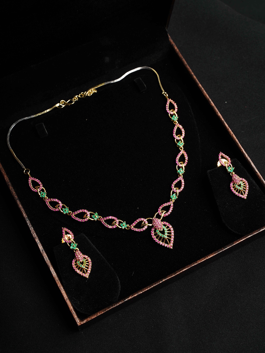 

NASTEE Gold-Plated Green & Pink CZ-Studded Jewellery Set