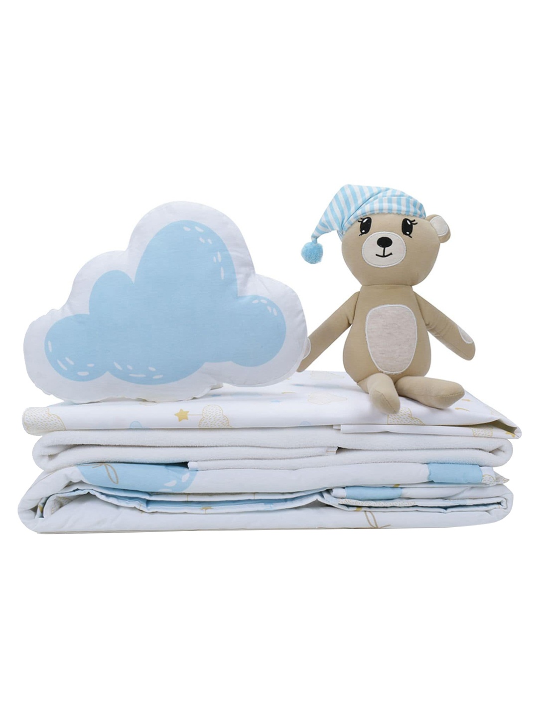 

haus & kinder Infants Kids White & Blue Printed Pure Cotton Baby Bed Sets