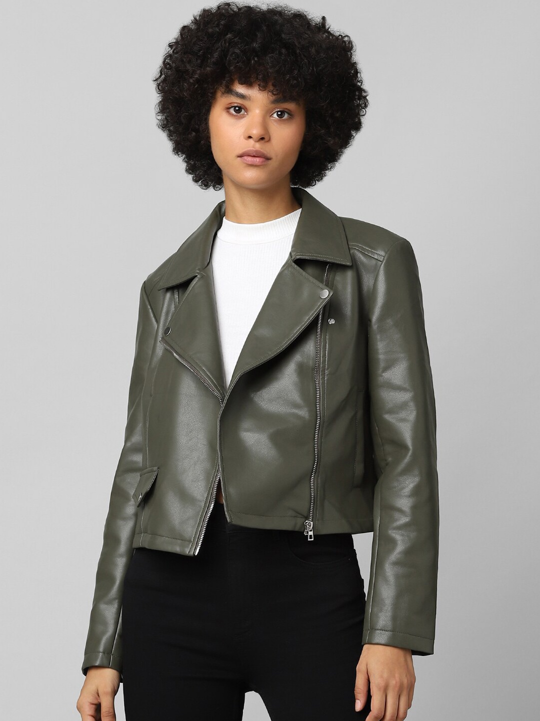 

ONLY Women Lapel Collar Green Crop Biker Faux leather Jacket