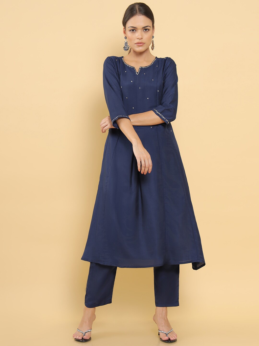

Soch Women Navy Blue Embroidered Pleated Beads and Stones Pure Cotton Kurti with Trousers