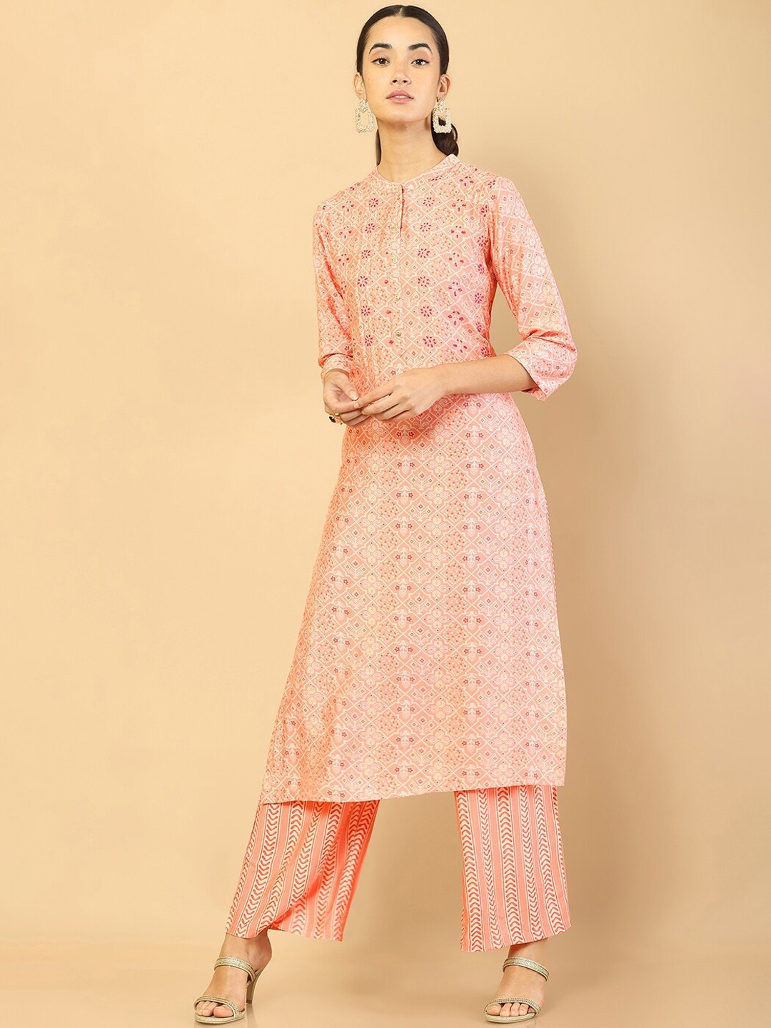 

Soch Women Peach-Coloured Embroidered Pure Cotton Kurta with Trousers