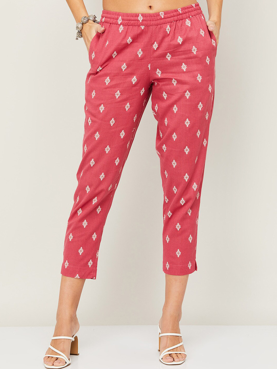 

Melange by Lifestyle Women Pink Ethnic Motifs Printed High-Rise Cigarette Trousers