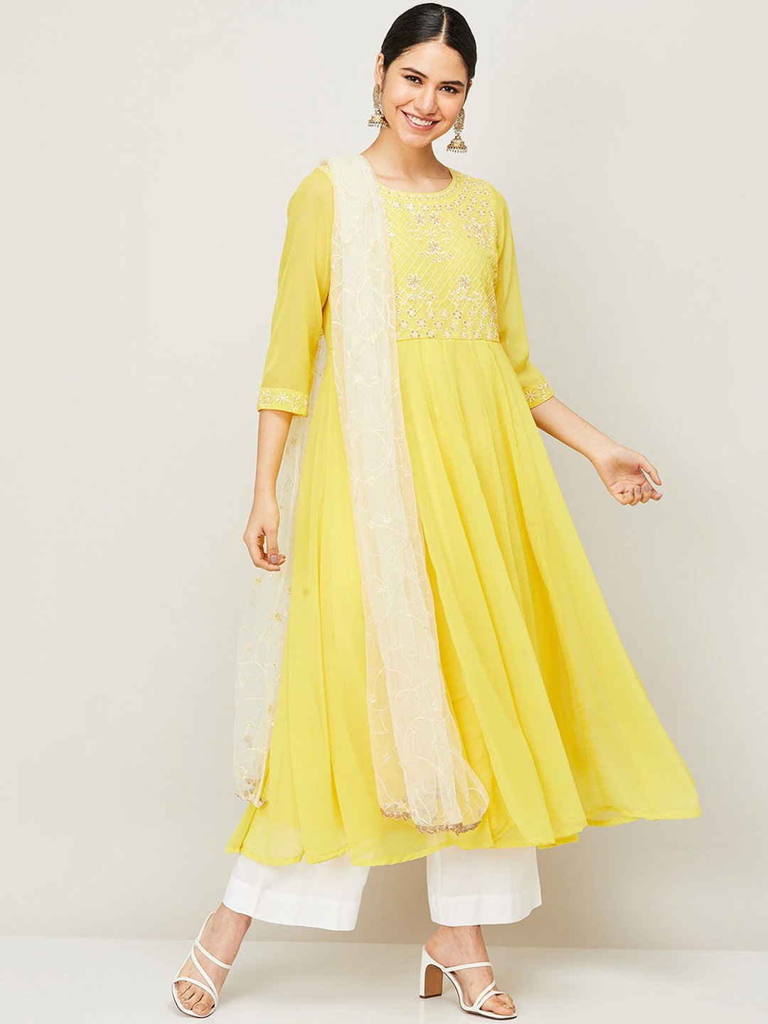 

Melange by Lifestyle Women Yellow Floral Anarkali Yoke Design Thread Work Kurta Set