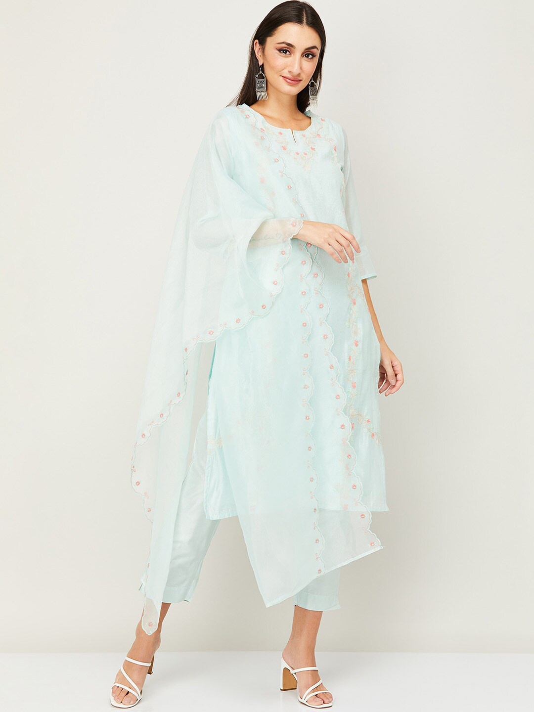 

Melange by Lifestyle Women Blue Embroidered Kurta with Trousers & With Dupatta