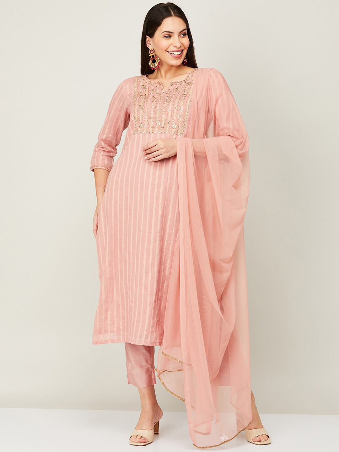 

Melange by Lifestyle Women Pink Striped Pure Cotton Kurta with Trousers & With Dupatta