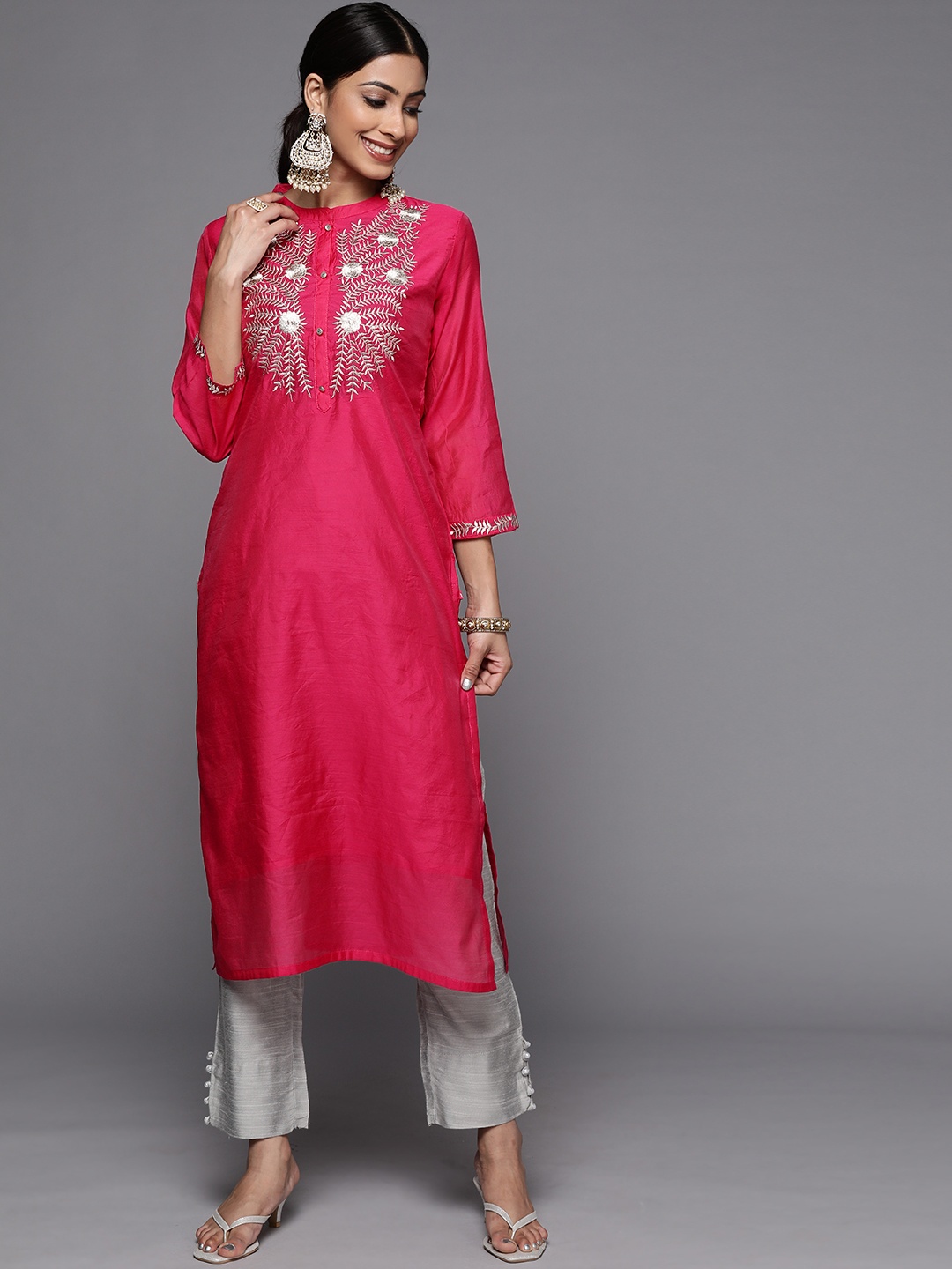 

Varanga Women Pink Embroidered Empire Chanderi Silk Kurta with Trousers