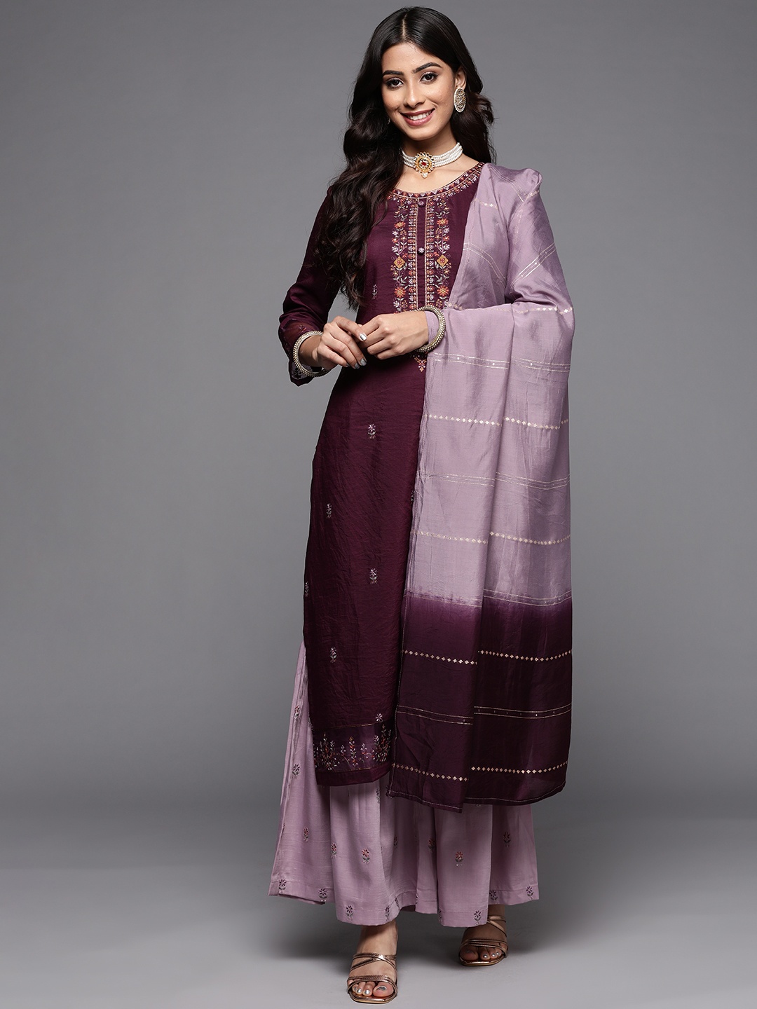 Varanga Floral Embroidered Thread & Sequin Work Straight Kurta with Sharara & Dupatta, Burgundy