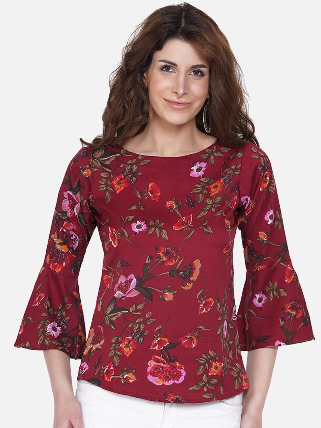 

RIYA Maroon Floral Print Crepe Top