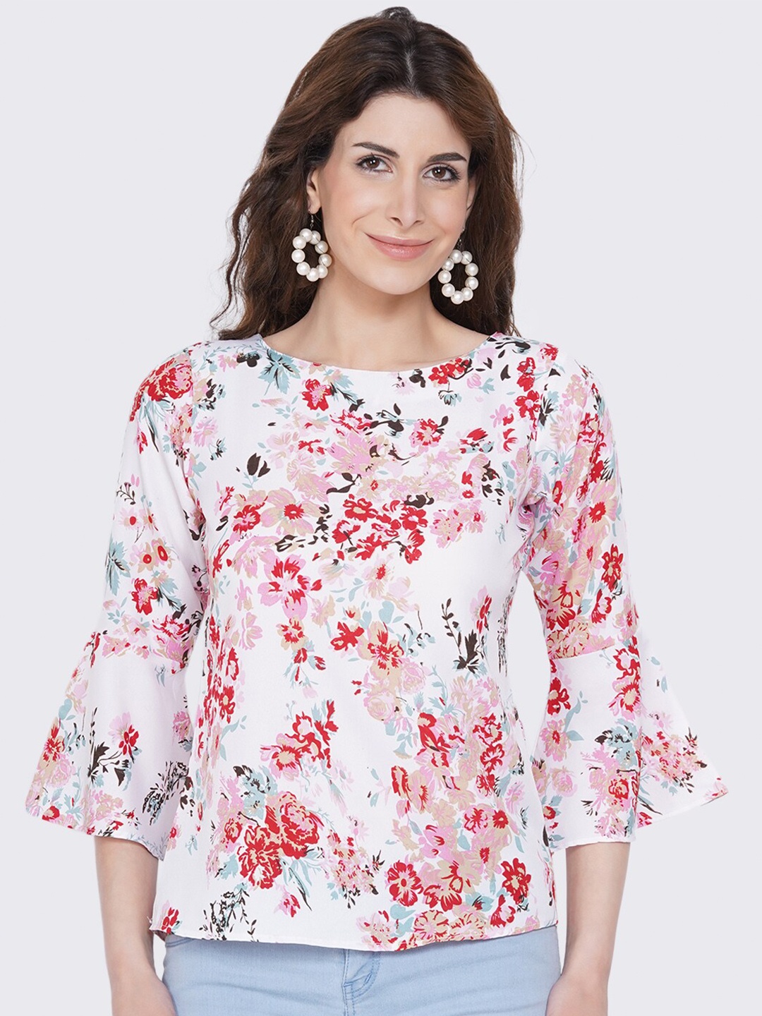 

RIYA Women White & Red Floral Print Bell Sleeves Crepe Top