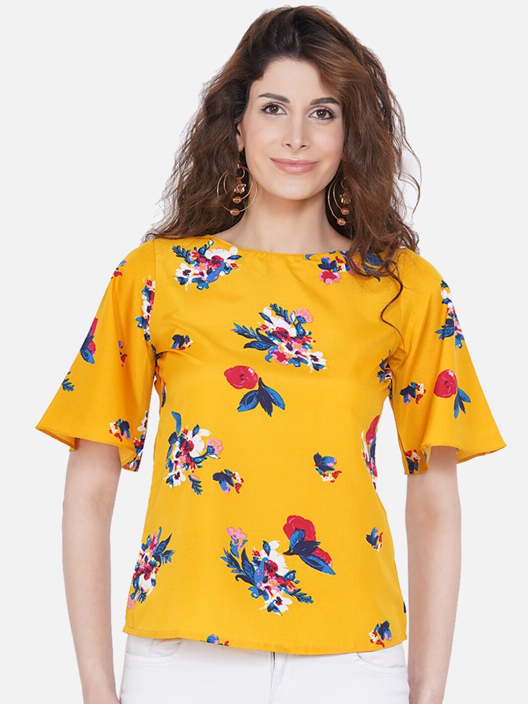 

RIYA Mustard Yellow & Red Floral Print Crepe Top