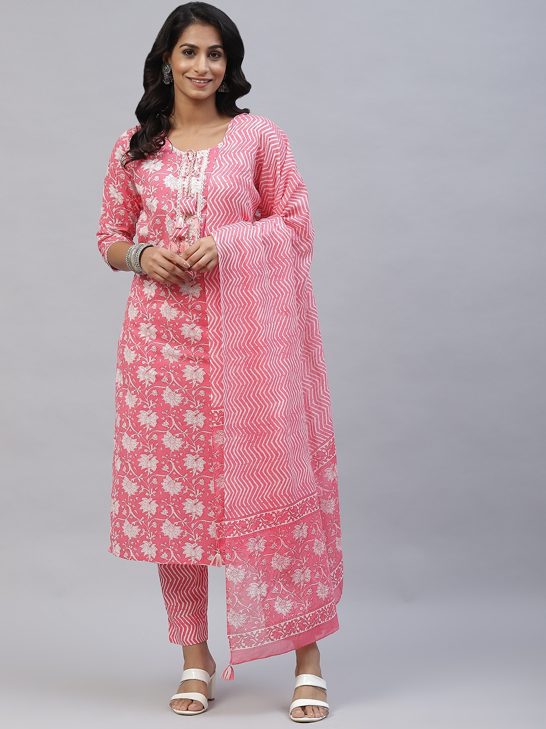 

Readiprint Fashions Women Pink Ethnic Motifs Printed Cotton Kurta with Trousers & Dupatta