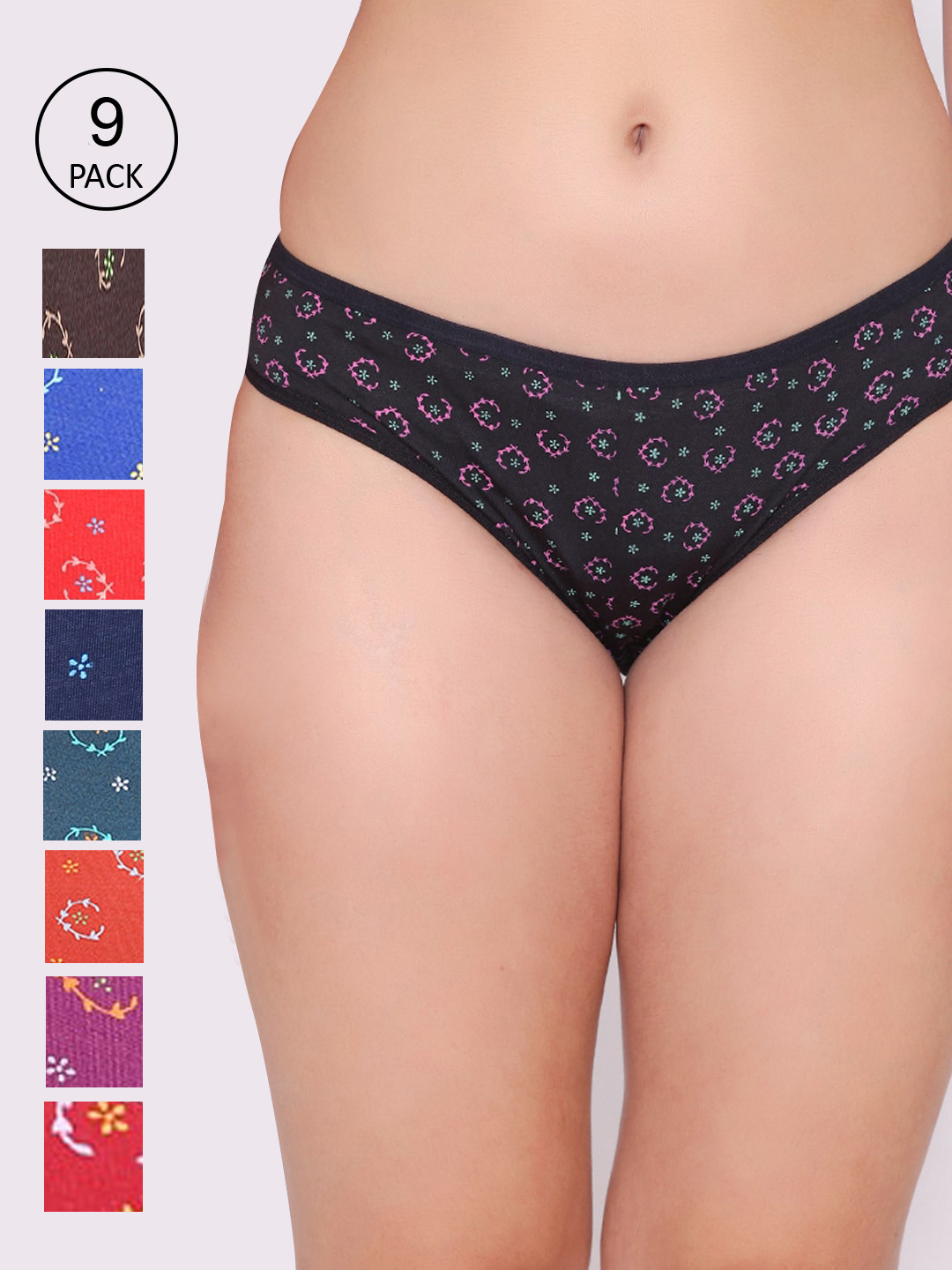 

ABELINO Women Pack Of 9 Floral Printed Cotton Bikini Briefs, Black