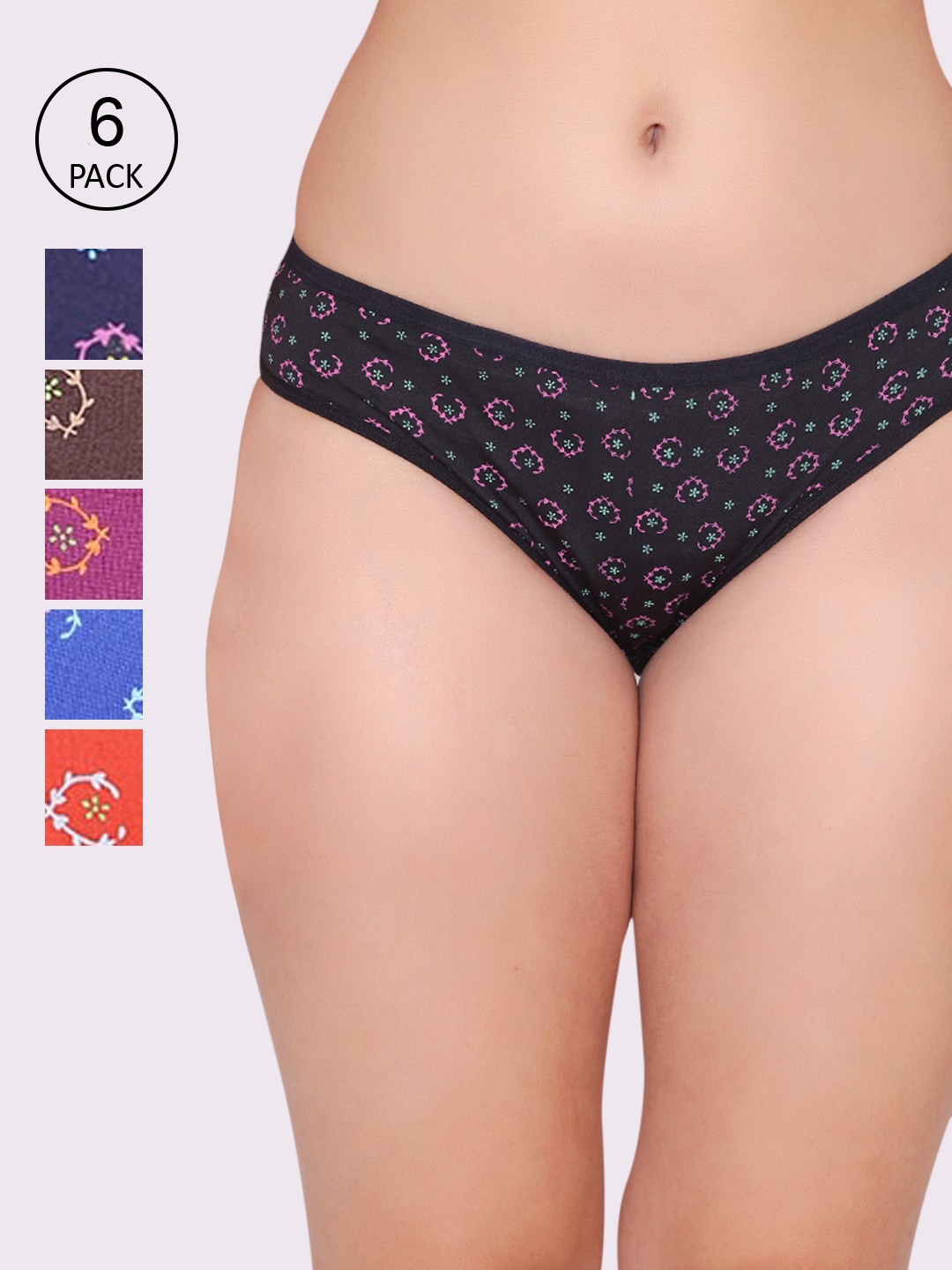 

ABELINO Women Pack Of 6 Printed Pure Cotton Bikini Briefs, Black
