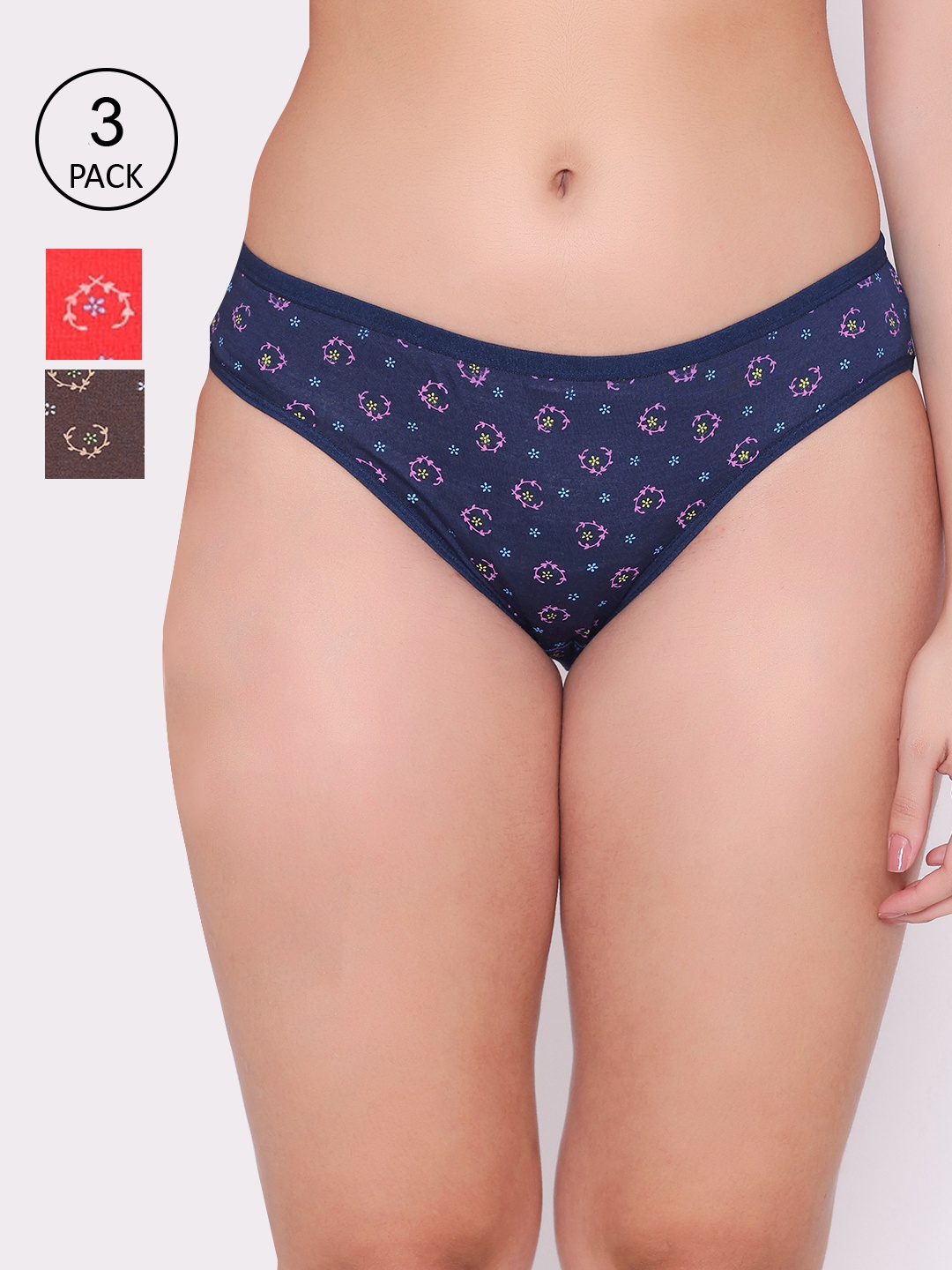 

ABELINO Women Pack Of 3 Floral Printed Pure Cotton Low-Rise Bikini Briefs, Navy blue