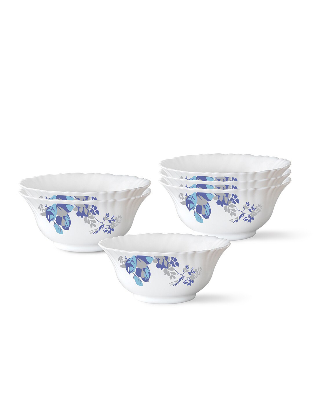 

Larah by BOROSIL White & Blue 6 Pieces Floral Printed Opalware Glossy Bowls