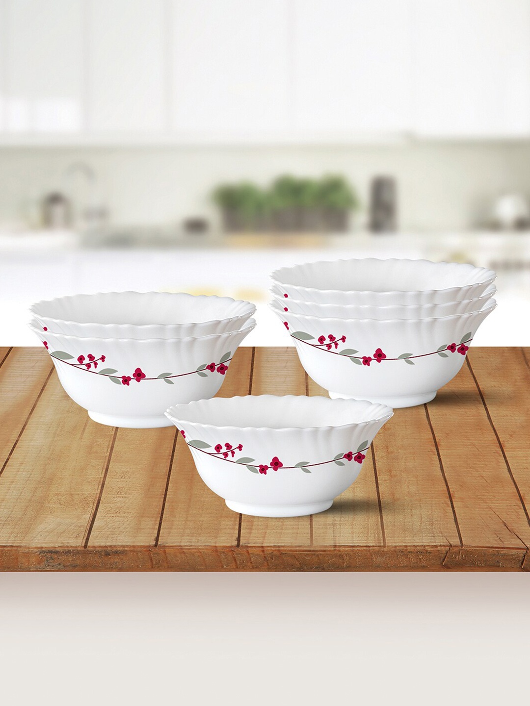 

Larah by BOROSIL White & Red 6 Pieces Floral Printed Opalware Glossy Bowls