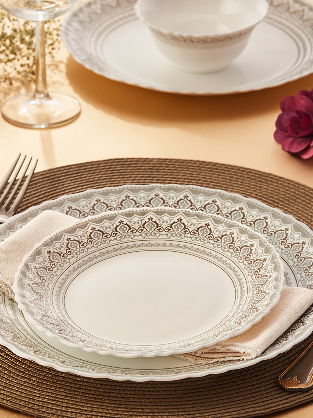 

Larah by BOROSIL White & Grey 33 Pieces Floral Printed Opalware Glossy Dinner Set