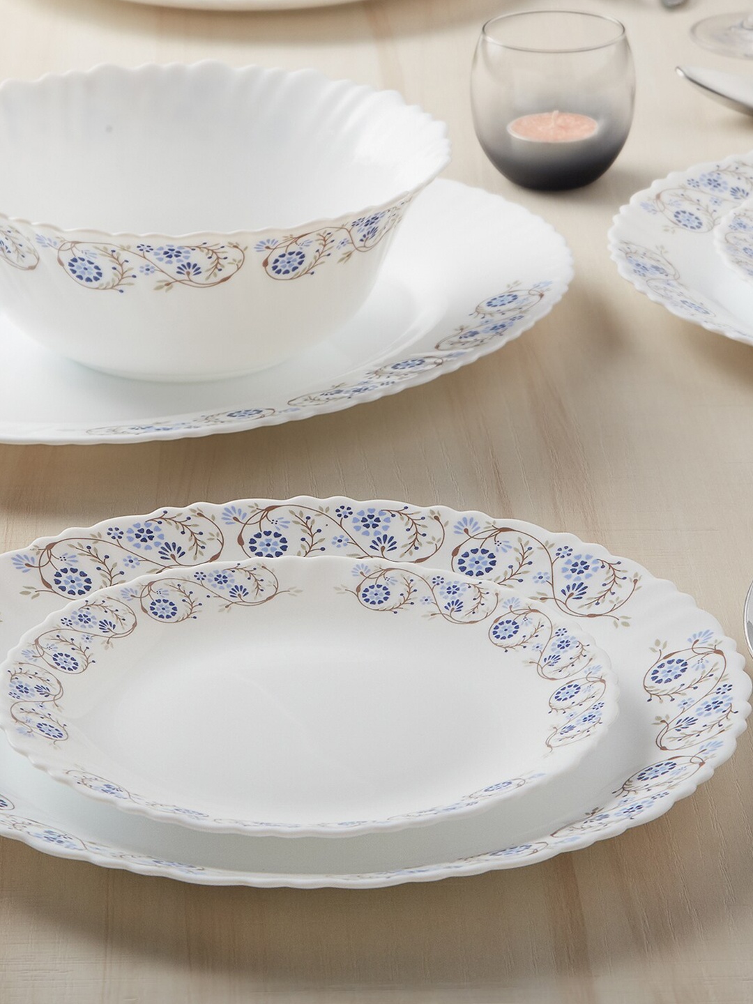 

Larah by BOROSIL White & Blue 19 Pieces Floral Printed Opalware Glossy Dinner Set