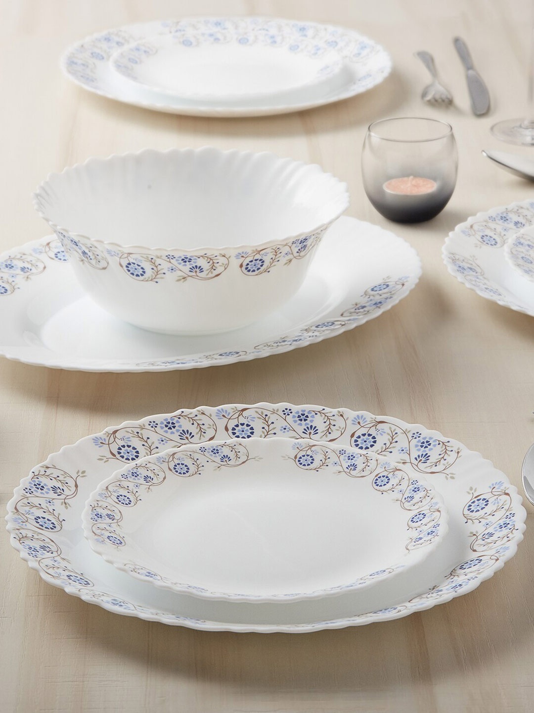 

Larah by BOROSIL White & Blue 33 Pieces Floral Printed Opalware Glossy Dinner Set