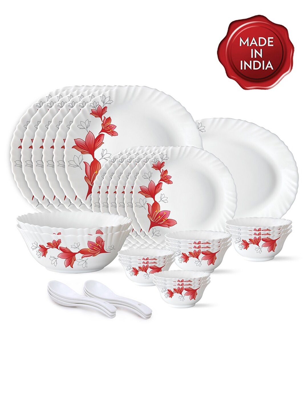 

Larah by BOROSIL White & Red 33 Pieces Floral Printed Opalware Glossy Dinner Set