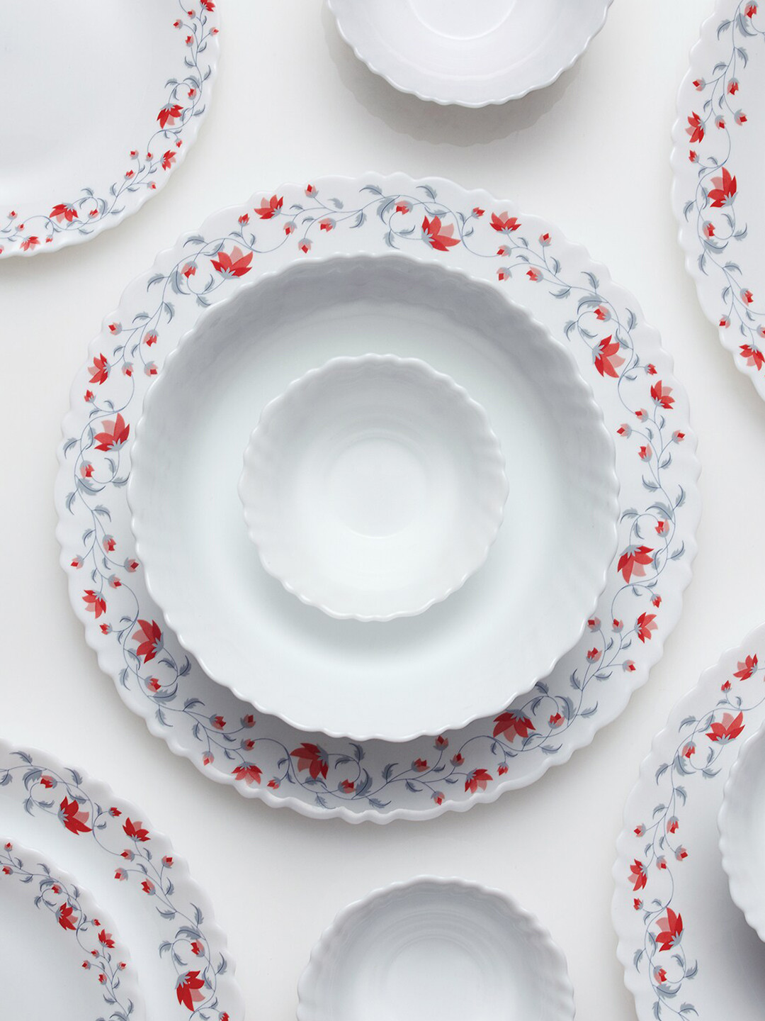 

Larah by BOROSIL White & Red 19 Pieces Floral Printed Opalware Glossy Dinner Set