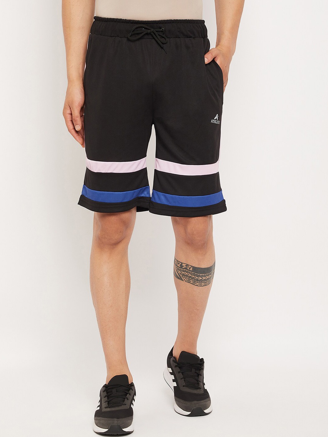 

ATHLISIS Men Black Striped Training or Gym e-Dry Technology Technology Shorts