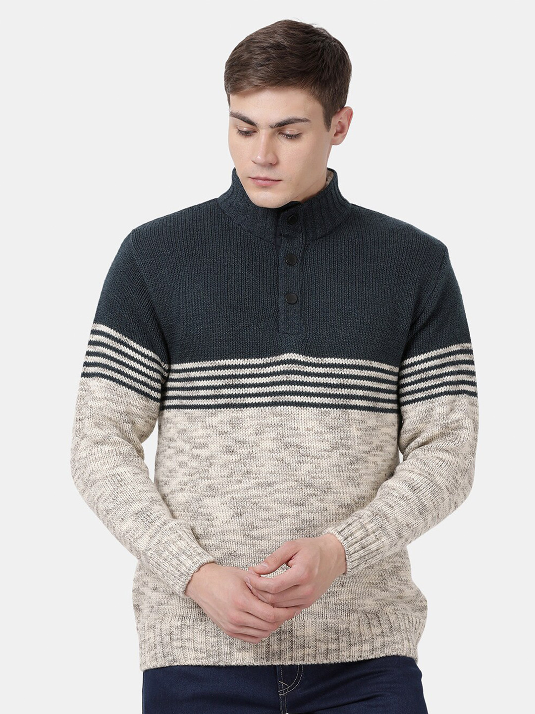 

t-base Men Black & Cream-Coloured Striped Pullover