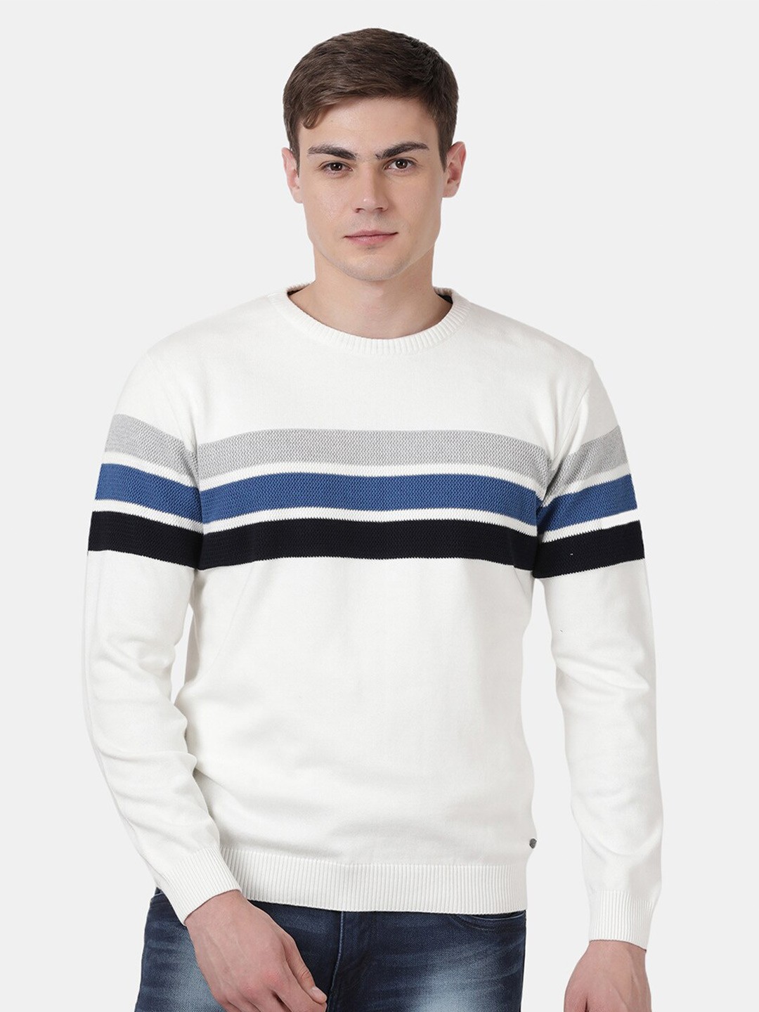 

t-base Men Off White & Blue Colourblocked Striped Pullover