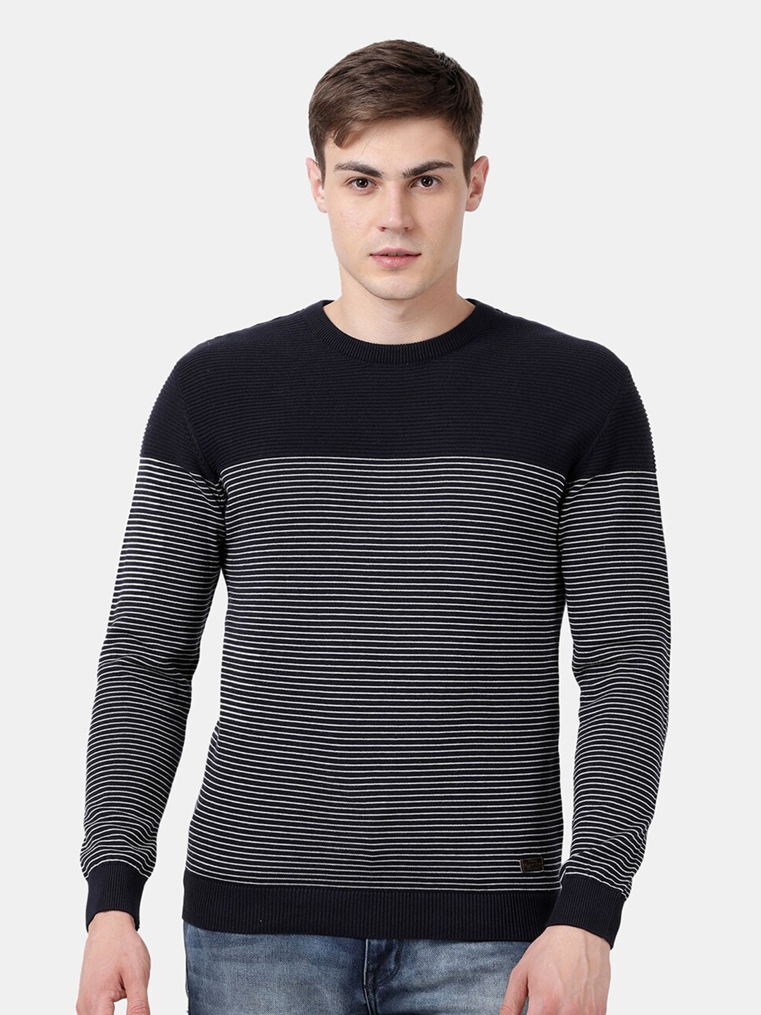 

t-base Men Navy Blue & White Striped Pullover