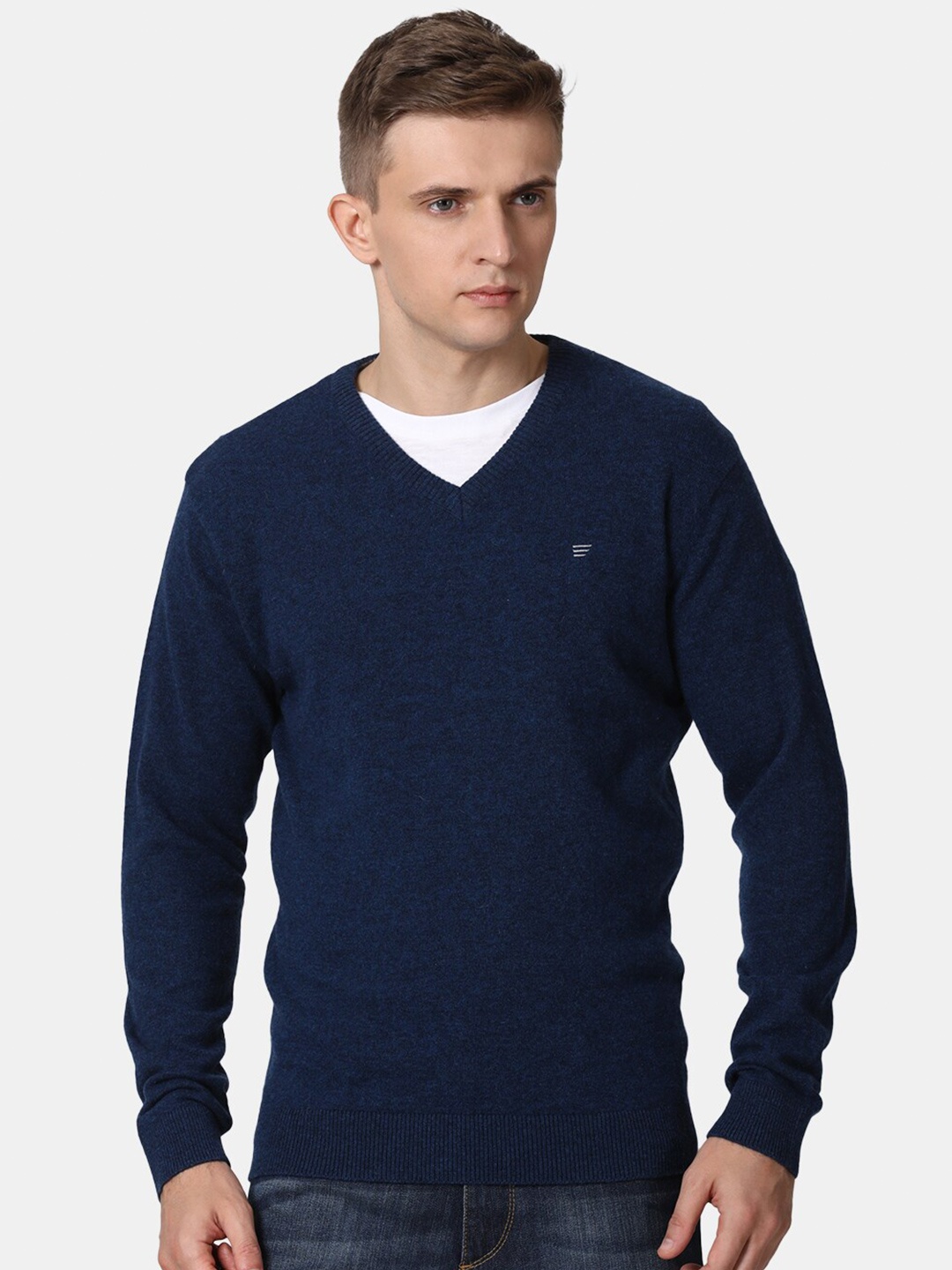 

t-base Men's Bright Denim Solid Lambswool V-Neck Sweater, Blue
