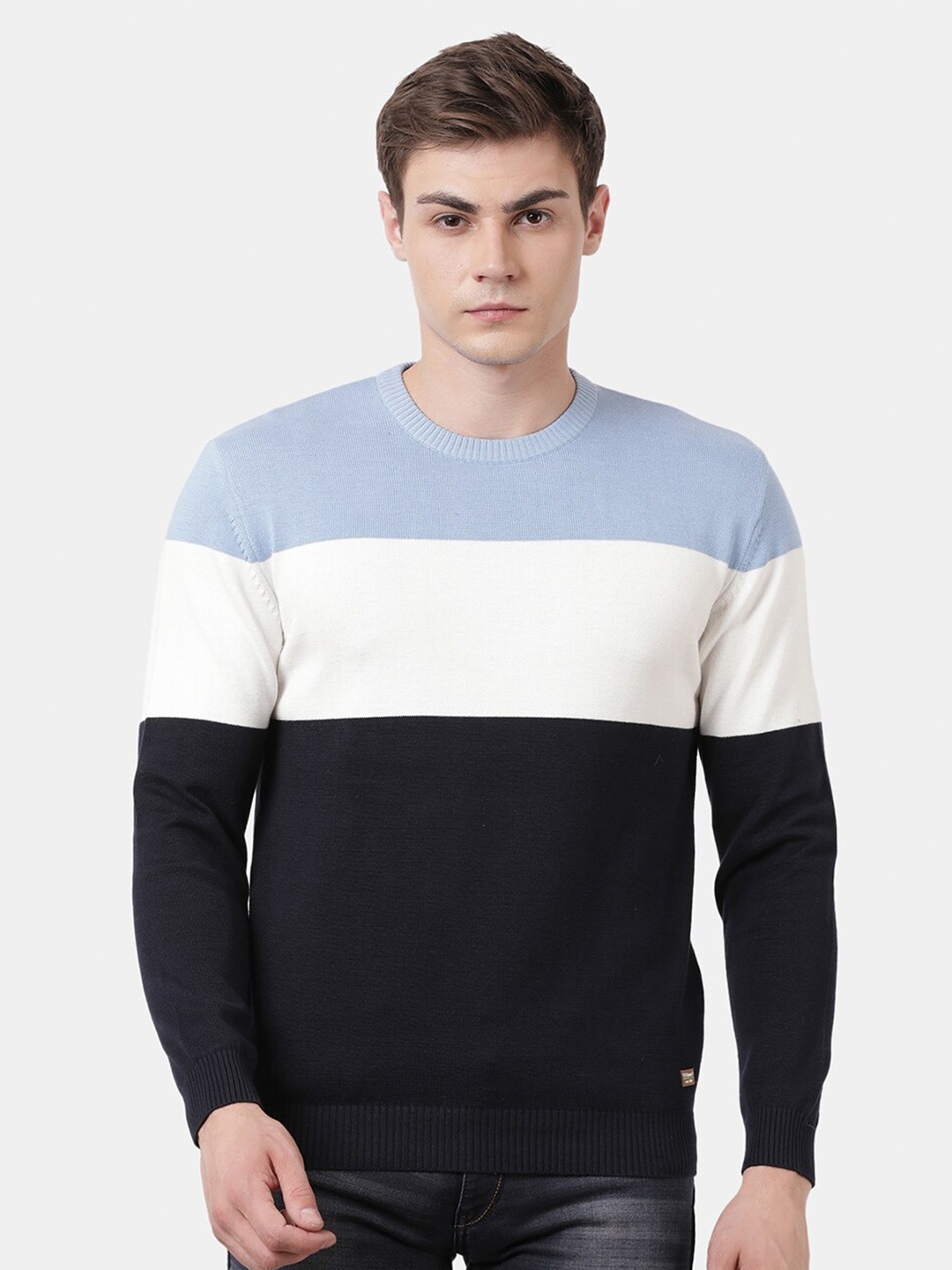 

t-base Men Navy Blue & White Colourblocked Striped Pullover