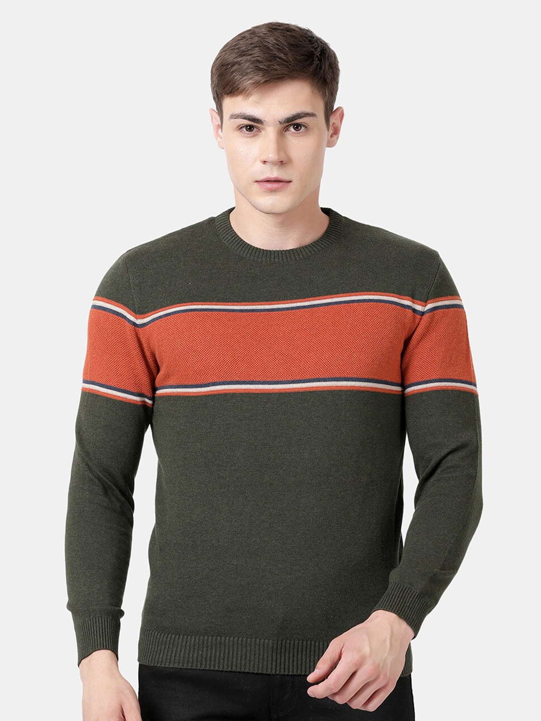 

t-base Men Green & Orange Striped Pullover