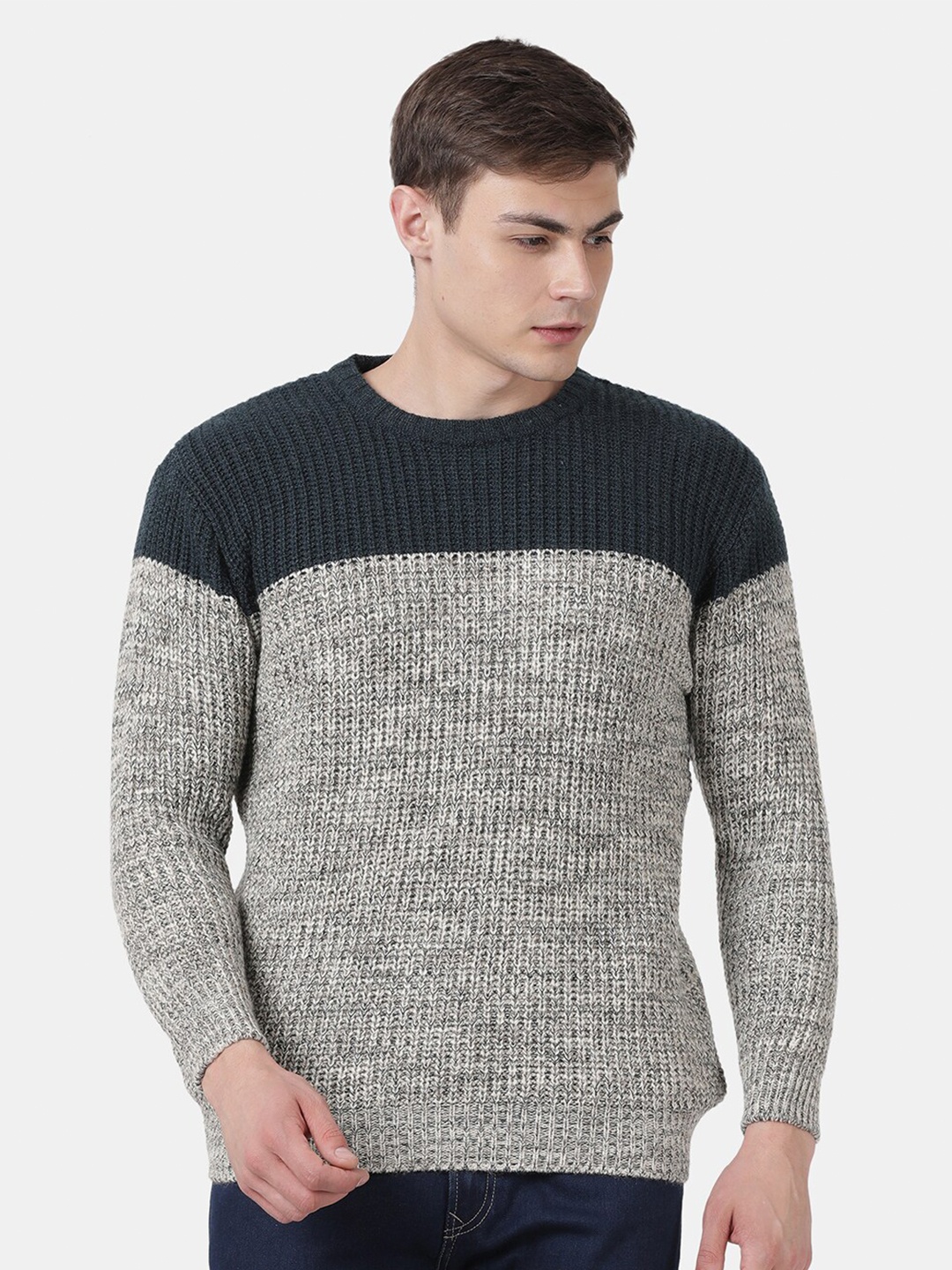 

t-base Men's Navy Ecru Mix Stylized Wool Blend Sweater, Black