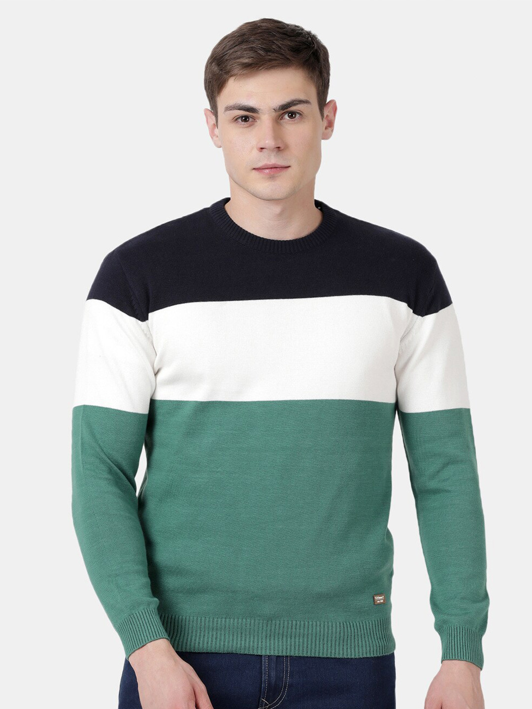 

t-base Men Green & Black Colourblocked Striped Pullover
