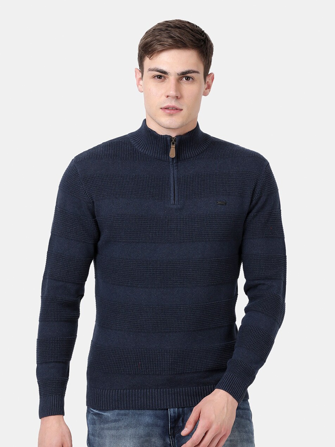 

t-base Men Blue Mock Collar Striped Pullover