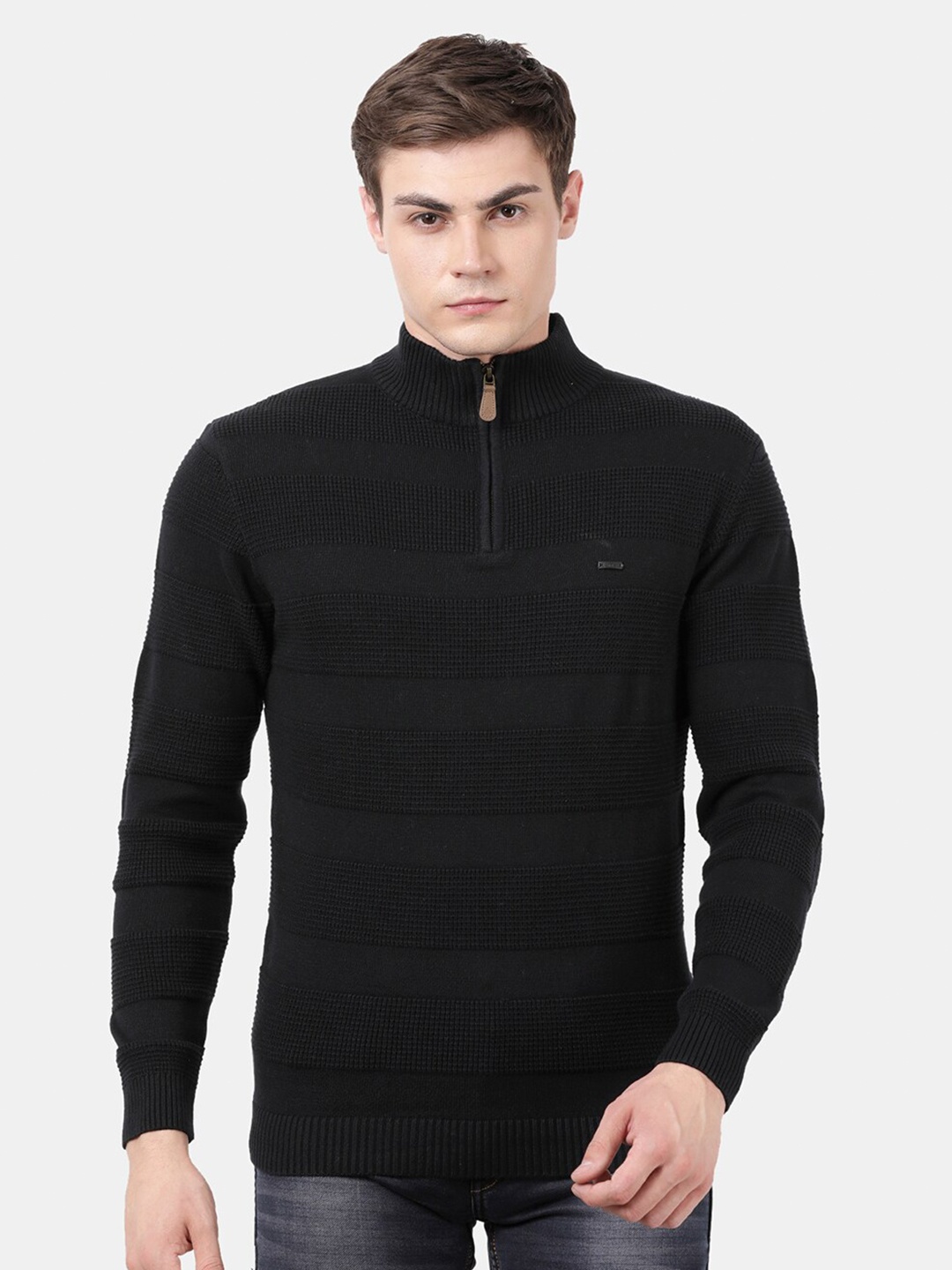

t-base Men's Black Stylized Cotton Mock Collar Sweater
