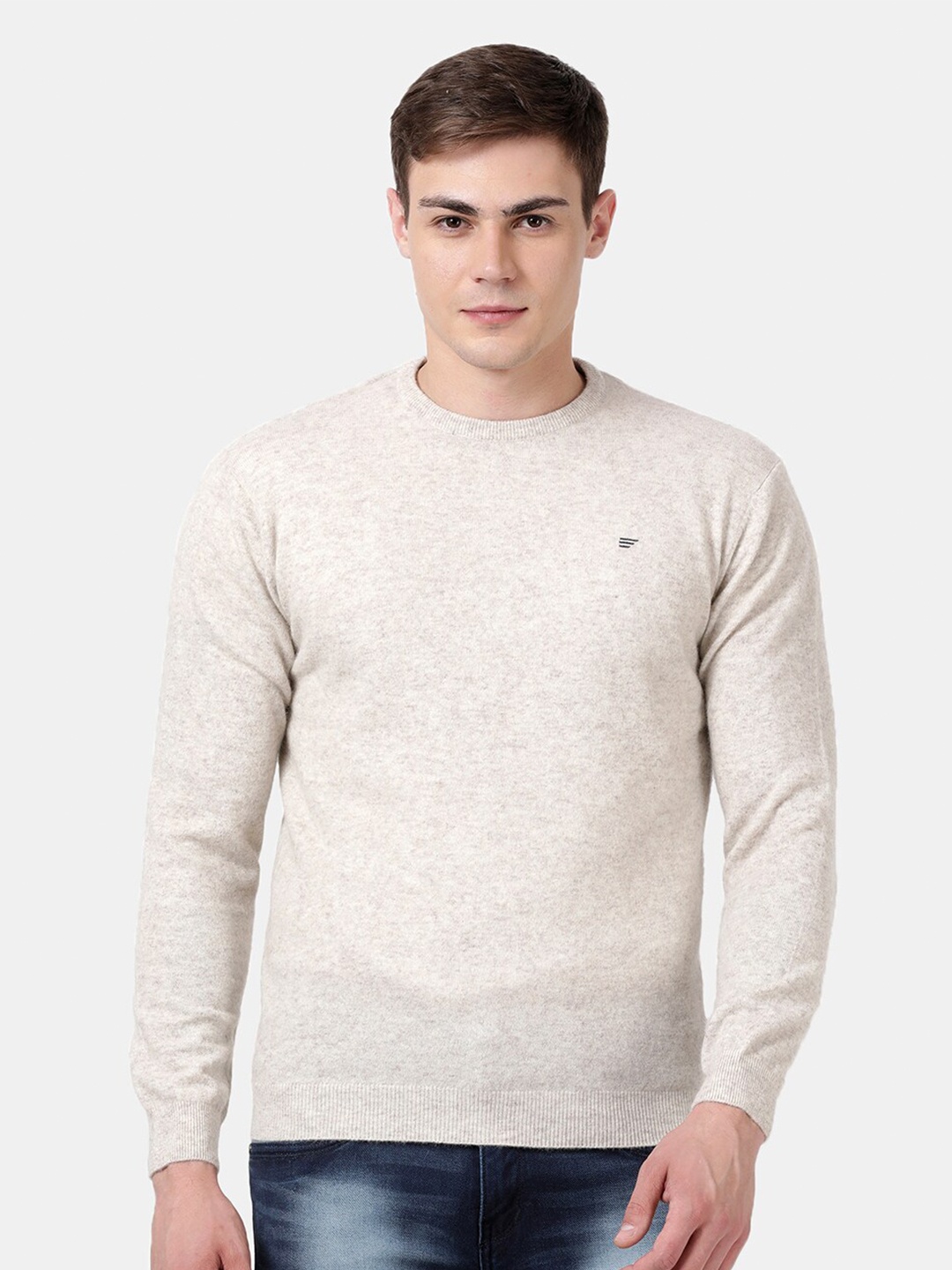 

t-base Men's Cream-Coloured Solid Woolen Pullover