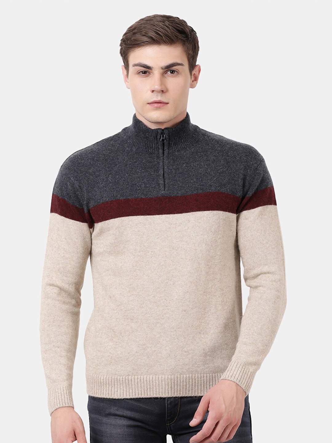 

t-base Men Grey & Brown Colourblocked Striped Long sleeve Pullover