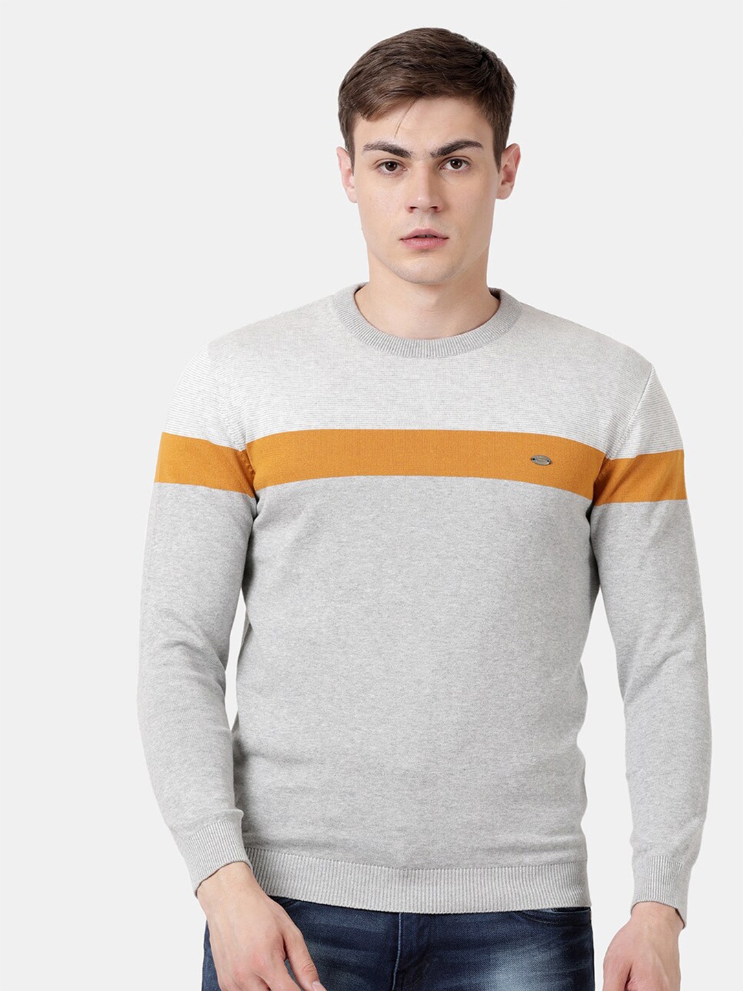 

t-base Men Grey & Orange Striped Pullover