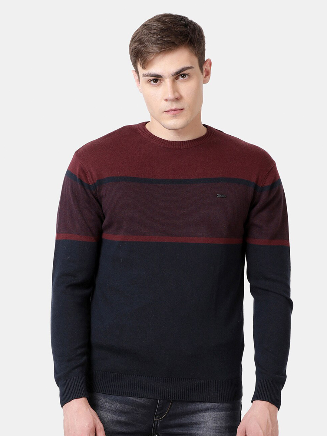 

t-base Men Navy Blue & Brown Striped Pullover