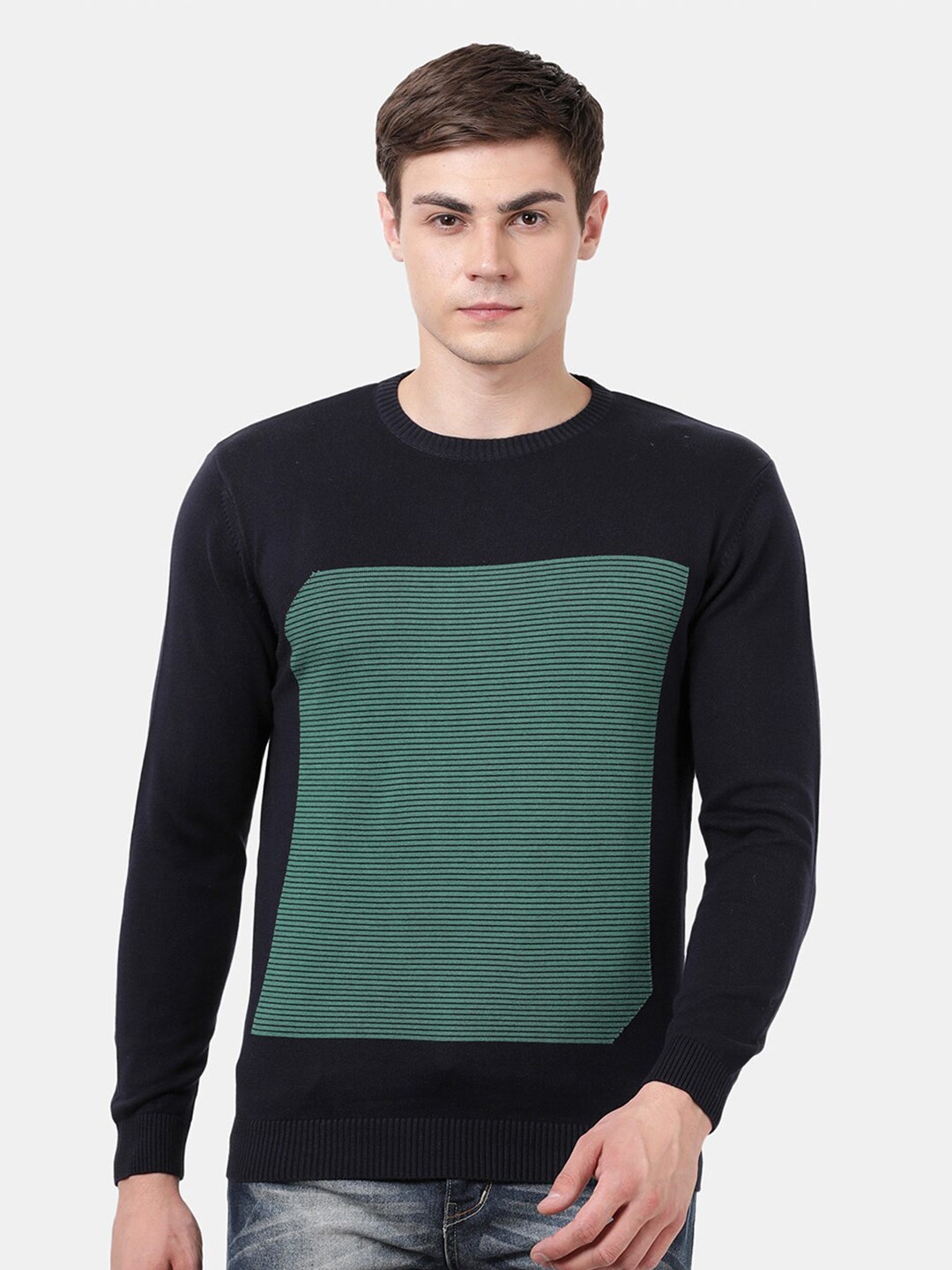 

t-base Men Navy Blue & Green Striped Pullover