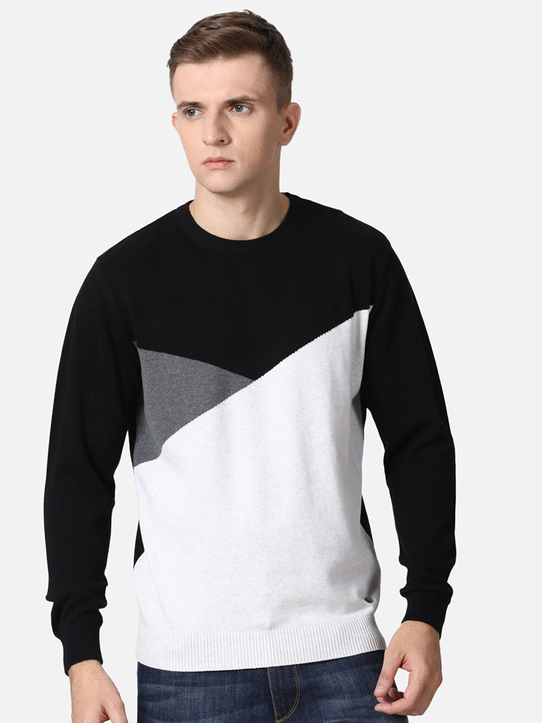

t-base Men Black & White Colourblocked Pullover