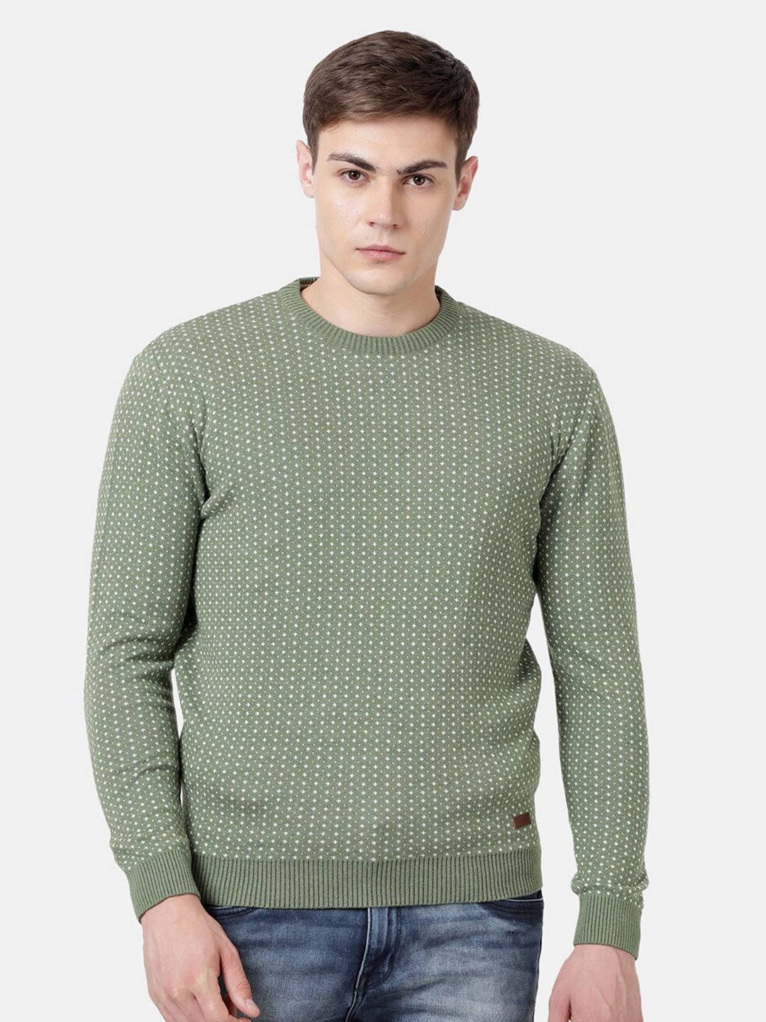 

t-base Men Green Melange Stylised Cotton Pullover