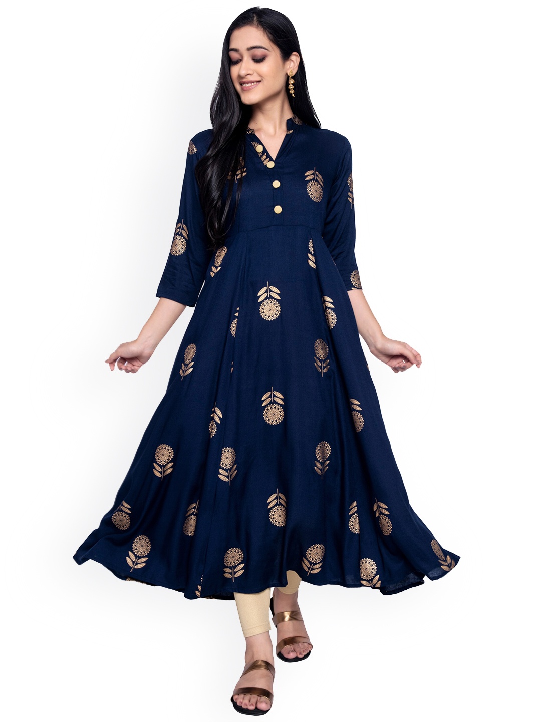 

VASTRAMANIAA Women Navy Blue & Gold Bandhani Printed Floral Anarkali Kurta